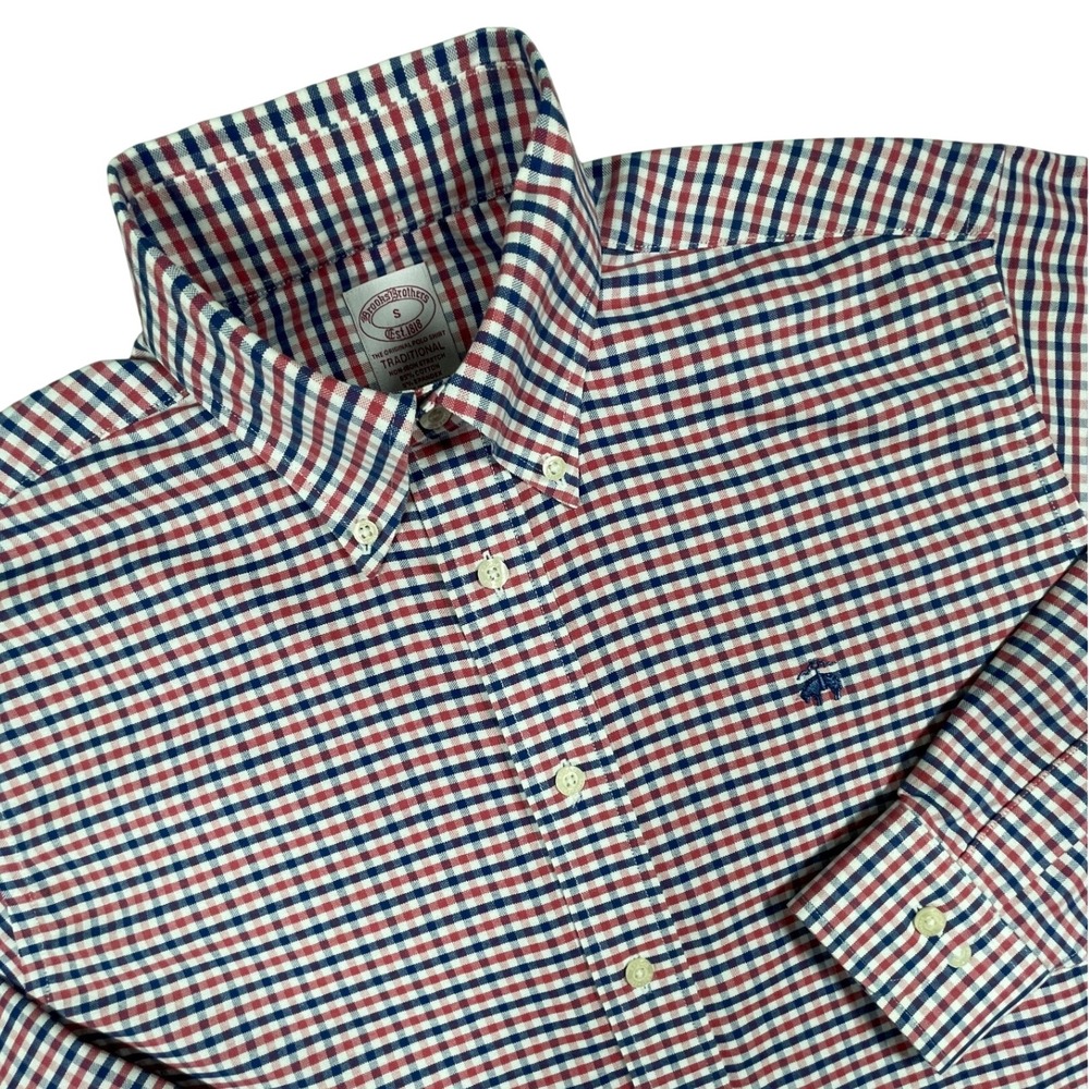 Brooks Brothers Shirt Mens S Red Blue Tattersall Traditional Non-Iron Stretch